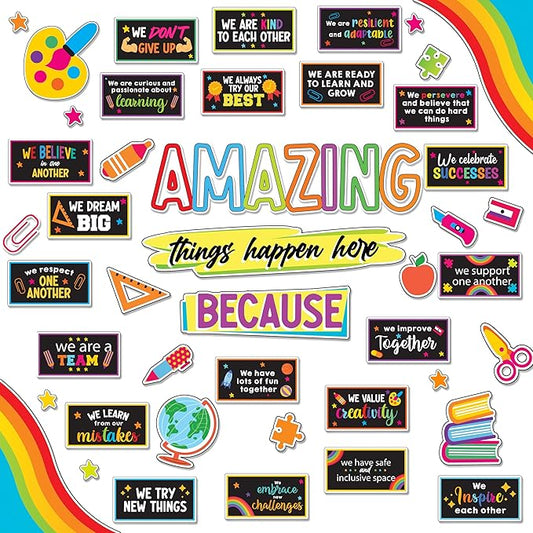 Decorably 49 Pcs Cutouts Chalkboard Vibrant Theme Amazing Things Happen Here Bulletin Board Decorations Set with Borders, Bulletin Board Motivational Decorations - Classrooms, School Hallways