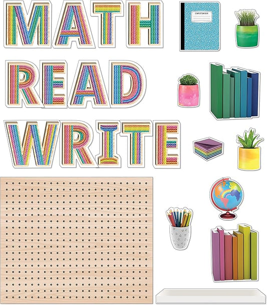Carson Dellosa Creatively Inspired 31-Piece Subject Bulletin Board Set, Read, Write, and Math Bulletin Board Subject Signs for Bulletin Boards, Plant Décor, Books, and World Globe Cutouts