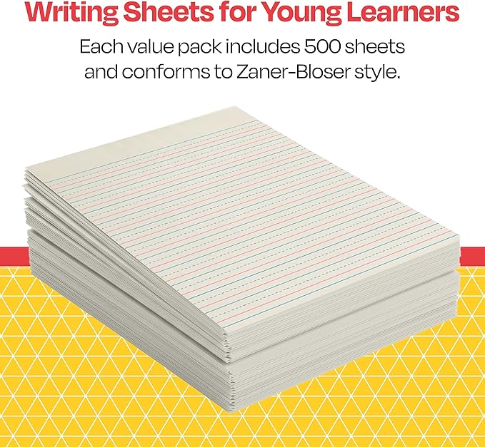 School Smart Zaner-Bloser Writing Paper, Handwriting Practice Lined Paper, Grade 3 to 4 Learning, 3/8 Inch Rule, 8 x 10-1/2 Inches, 500 Sheets