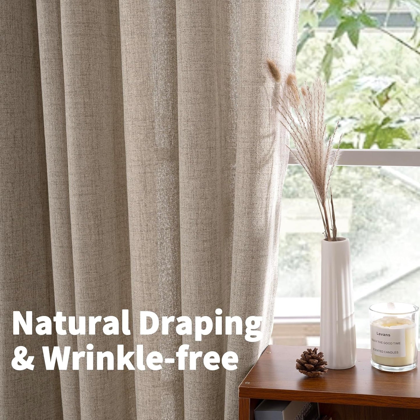 YoungsTex Dark Oatmeal Linen Curtains 48 Inch Length for Short Kitchen Window, Textured Semi Sheer Drapes Light Filtering with Rod Pocket Back Tab for Bathroom Living Room, 2 Panels, 42 X 48 Inch