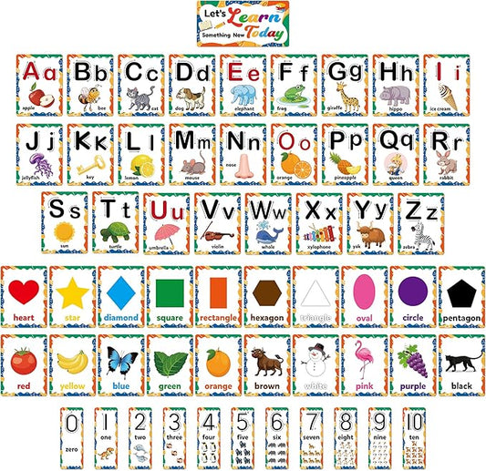 D-FantiX 58 Pieces Alphabet and Number Bulletin Board Set, Manuscript Educational Preschool Cards, Early Learning Alphabet Number Colors Shapes Posters for Kids Kindergarten Classroom Wall Decorations