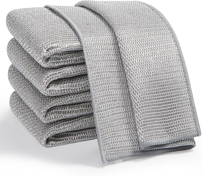 JOYMOOP Multipurpose Non-Scratch Wire Dishwashing Rag for Wet and Dry, Reusable Cleaning Cloths, Scrubbing Pads for Dishes, Glass, Stainless Steel - 5 Pack