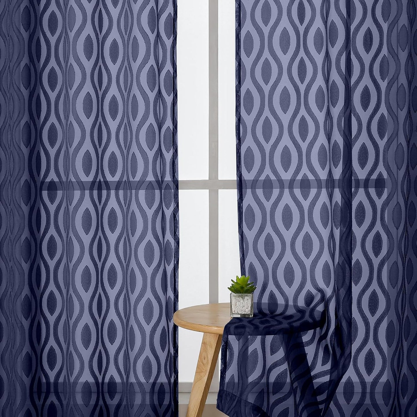 Aiyufeng Navy Blue Curtains - 84 Inch Length (2 Panels), Airy Lightweight Clip Jacquard Light Filtering Bedroom/Living Room Curtains - 80 Inch Width, Wavy Line Rod Pocket, Modern Style