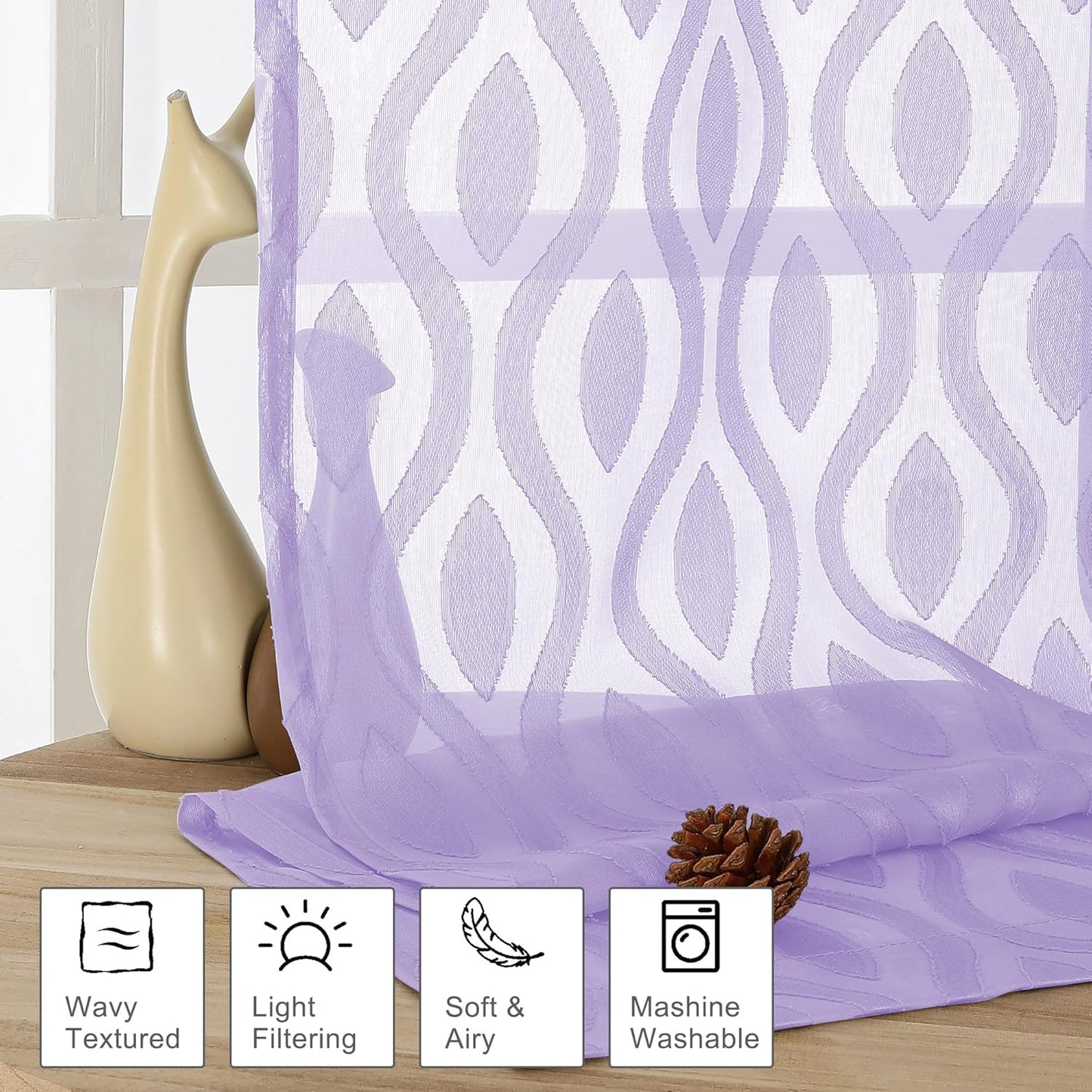 Aiyufeng Lavender Sheer Curtains Tiers 36 Inch Length, Light Filtering Soft Airy Wavy Line Jacquard Textured Short Curtain for Bedroom Bathroom Basement, Dual Rod Pocket, 2 Panels, 40" Wx36 L Inch
