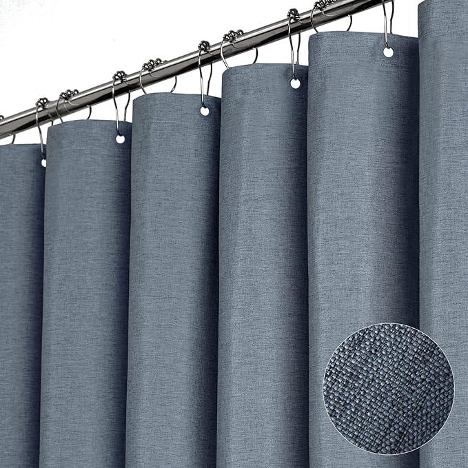 BTTN Fabric Shower Curtain, Linen Textured Heavy Duty Polyester Cloth Shower Curtain Set with Plastic Hooks, Blue Grey, 36x72