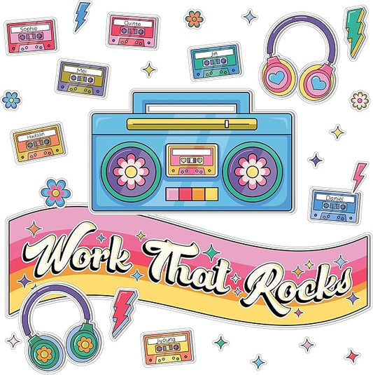 Happily Ever Elementary Retro Remix 79-Piece Work That Rocks Motivational Bulletin Board Set, Boombox, Cassette Tapes, Headphone, Flowers and More Groovy Bulletin Board Decorations for Classroom Decor