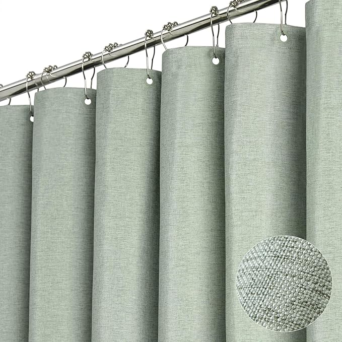 BTTN Stall Fabric Shower Curtain - 60 x 84 Inch Long Linen Textured Heavy Duty Shower Curtain Set with 10 Plastic Hooks, Narrow Decorative Neutral Waterproof Shower Curtains for Bathroom, Sage Green