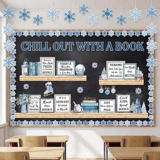Qilery Winter Reading Bulletin Board Set – Christmas Classroom Decorations with Snowflakes & Book Quotes, Holiday Literacy Wall Decor for Teachers, School Library, Seasonal Reading Corner Display