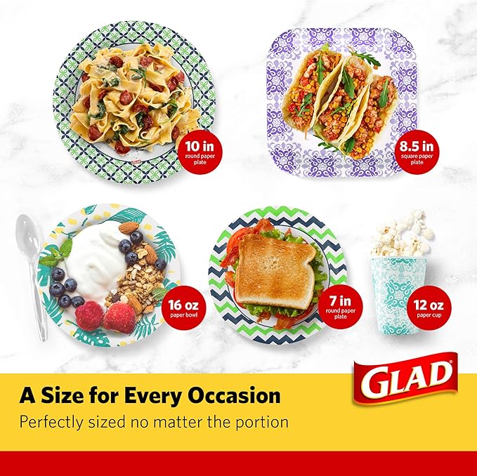 Glad Round Disposable Paper Bowls, Green Victorian Design - Heavy Duty, Soak Proof, Cut-Resistant, Microwavable Bowl for All Foods & Daily Use, 16 Oz, 15 Count