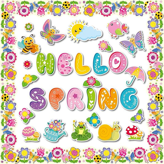 70 Pcs Hello Spring Bulletin Board Decorations - Colorful Hello Spring Cut-Outs Cute Flower Butterfly Bird Bee Bulletin Border Wall Decals for Kids DIY Craft School Classroom Decor