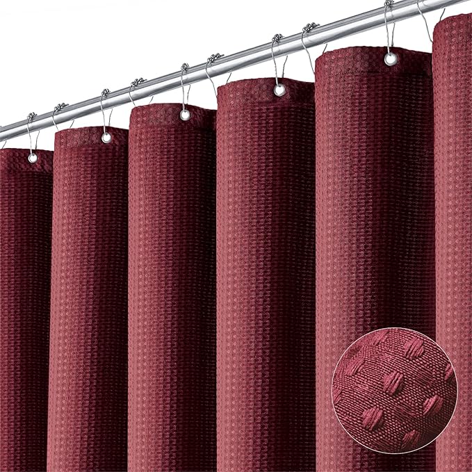 Dynamene Extra Long Shower Curtain - 96 Inch Long Waffle Weave Weighted Thick Cloth Bathroom Shower Curtain, Neutral Heavy Duty Hotel Bath Curtain Set with 12 Plastic Hooks,72x96, Burgundy