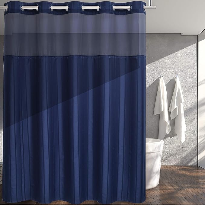 Conbo Mio No Hook Waffle Weave Shower Curtain with Snap in Liner Set, Hotel Luxury Dark Blue Shower Curtains for Bathroom with See Through Top Window, Waterproof, Washable 71W x 74H Stripe