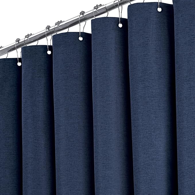 BTTN Extra Long Fabric Shower Curtain - 72x90 Inch Linen Textured Heavy Duty Cloth Shower Curtain Set with Plastic Hooks, Hotel Luxury Waterproof Tall Polyester Shower Curtains for Bathroom, Navy Blue