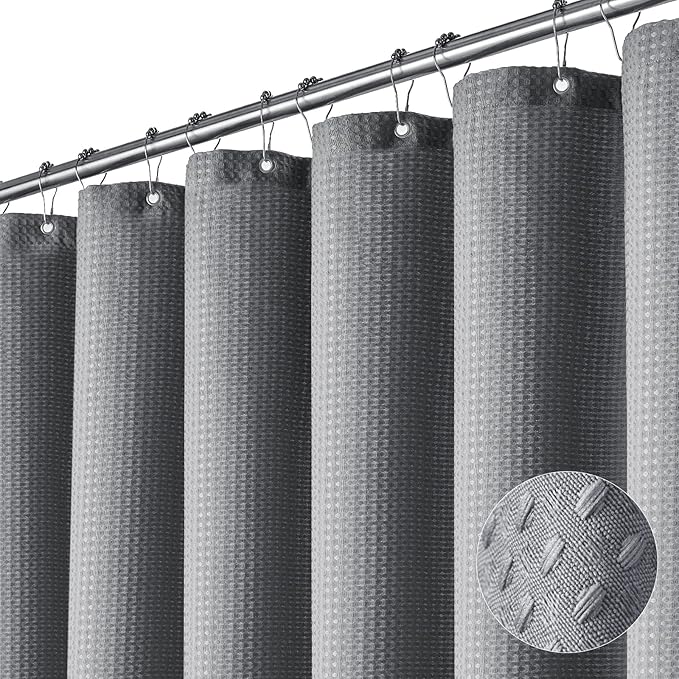 Dynamene Extra Long Fabric Shower Curtain - Waffle Weave 90 Inches Long Heavy Duty Cloth Shower Curtains for Bathroom, 256GSM Tall Hotel Luxury Bath Curtain Set with 12 Plastic Hooks,Grey/Gray