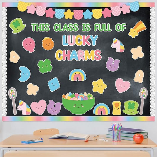 St. Patrick's Day Bulletin Board - 118pcs Lucky Charms Cutout with Banner Decor Set, Shamrock Rainbow Clover Chalkboard Classroom Wall School Accents Ideas Kits for Irish Day Party Supplies