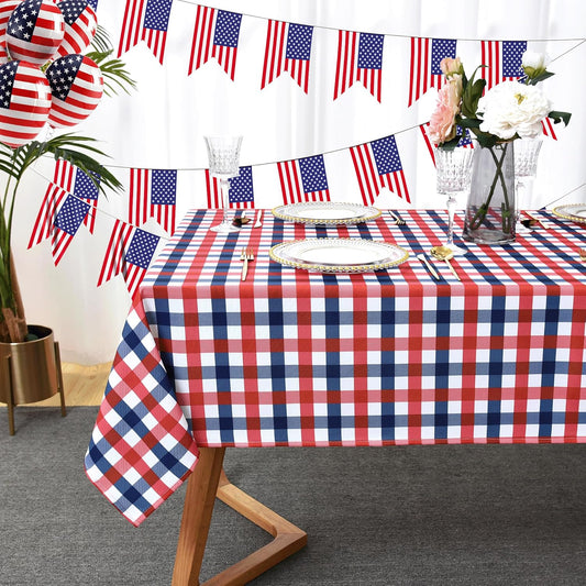 Waterproof Plaid Tablecloth Fabric - Oblong 52x70 Inch Patriotic Party Table Cloth for Indoor/Outdoor Use - Independence Day Memorial Day Washable Table Cover