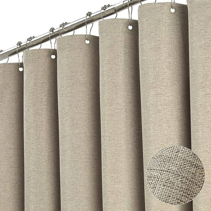 BTTN Stall Fabric Shower Curtain - 60x72 Inch Linen Textured Heavy Duty Cloth Bath Curtain Set with 10 Plastic Hooks, Narrow Waterproof Neutral Curtains for Bathroom Showers and Bathtubs - Khaki/Tan