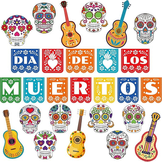 Day of The Dead Cutouts Sugar Skull Classroom Bulletin Board Decorations Colorful Skull Halloween Theme Party Supplies for Toddler Kids Students Classroom Decors