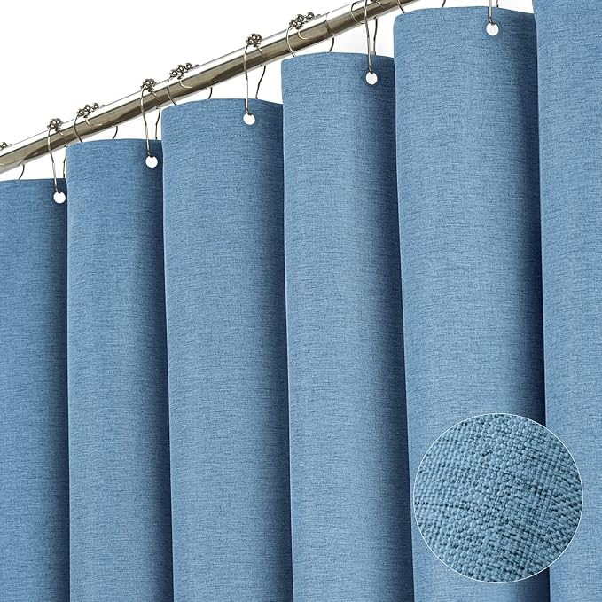 BTTN Blue Extra Long Shower Curtain, 72x96 Inch Long Linen Textured Heavy Duty Fabric Shower Curtain Set with 12 Hooks, Tall Simple Neutral Waterproof Cloth Shower Curtain for Bathroom, Moonlight Blue