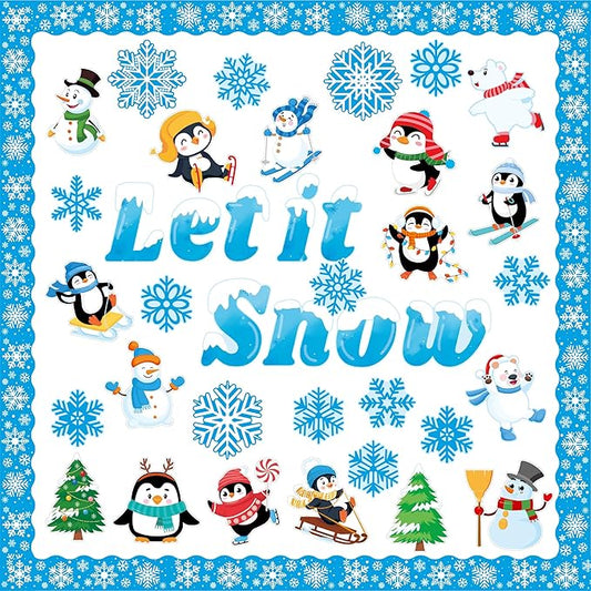 69 Pcs Winter Bulletin Board Decorations Set - Let It Snow Penguin Snowflake Cutouts Christmas Bulletin Board Border Decor for Xmas Holiday School Classroom Party Supplies