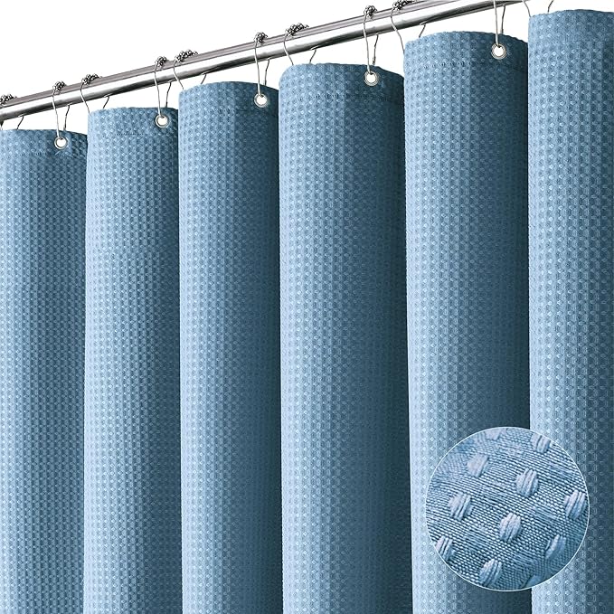 Dynamene Stall Fabric Shower Curtain - 48 inch Wide Waffle Weighted Thick Cloth Shower Curtains for Bathroom, Neutral Heavy Duty Hotel Spa Luxury Bath Curtain Set with 8 Hook, 48x72, Moonlight Blue