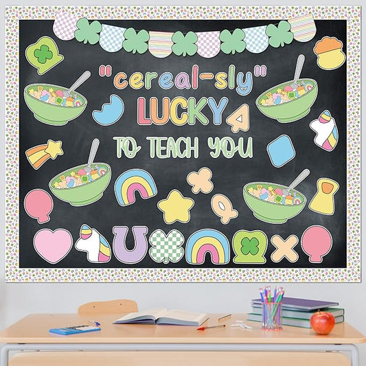 St. Patrick's Day Bulletin Board - 137pcs Cereal-sly Lucky Charms Cutout with Banner Decor Set, Shamrock Rainbow Clover Chalkboard Classroom Wall Accents Ideas Kits for Irish Day Party Supplies