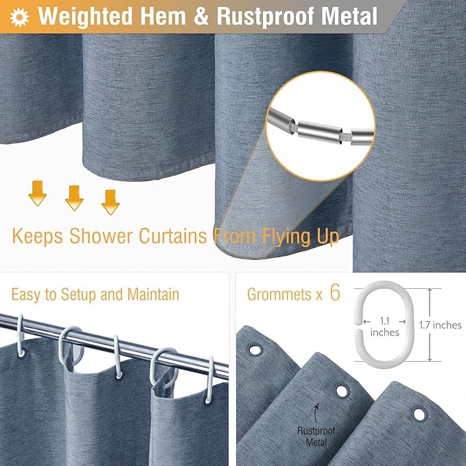 BTTN Fabric Shower Curtain, Linen Textured Heavy Duty Polyester Cloth Shower Curtain Set with Plastic Hooks, Blue Grey, 36x72