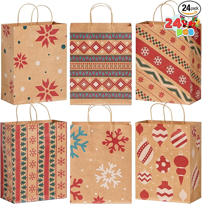 JOYIN 24 PCS Christmas Kraft Gift Bags Xmas Holiday Paper Goody Wrap Shopping Bags with Handles for Holiday Presents, Giant Gifts Decorations, Classrooms and Party Favors (10 x 13 x 5)