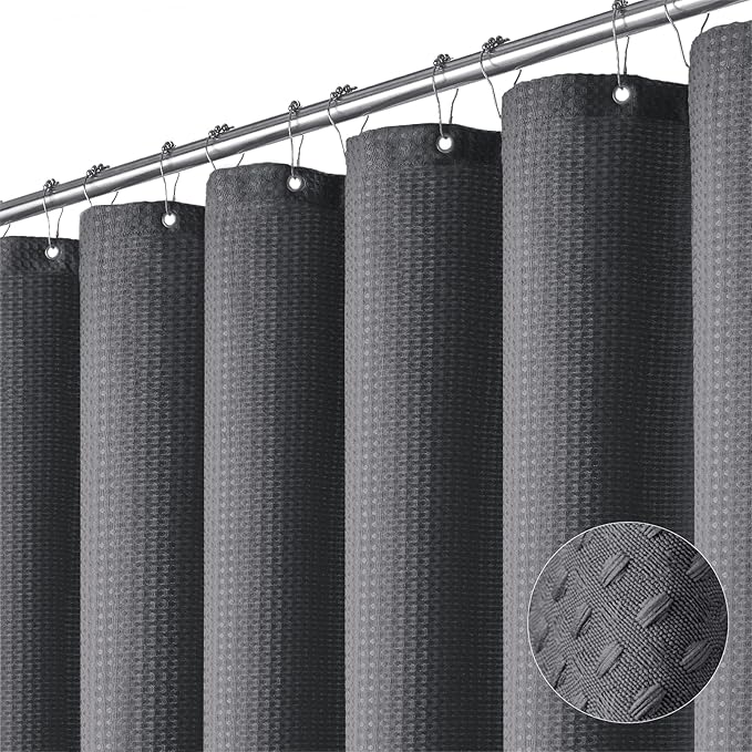Dynamene Extra Long Shower Curtain - 84 Inch Long Charcoal Grey Waffle Weave Heavy Duty Fabric Bathroom Shower Curtain, Neutral Weighted Hotel Thick Bath Curtain Set with 12 Plastic Hooks,72x84