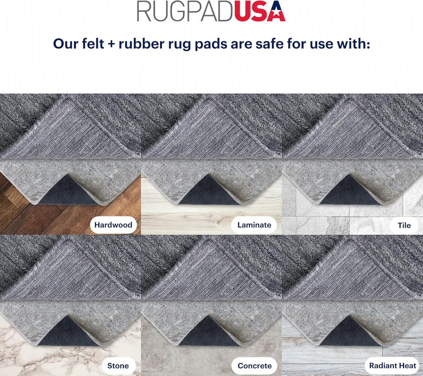 RUGPADUSA - Dual Surface - 5' Square - 3/8" Thick - Felt + Rubber - Enhanced Non-Slip Rug Pad - Adds Comfort and Protection - for Hard Surface Floors