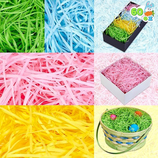 JOYIN 3.75 LB Easter Fake Grass Crinkle Paper Shred Filler(60 Oz) for Craft Boxes Bags Basket Filling, DIY Gift Wrapping, Wedding Party Decoration, Easter Egg Hunt (Pink, Yellow, Sky Blue, Green)