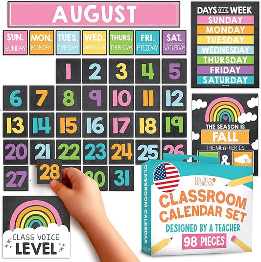Hadley Designs Classroom Calendar Set Bulletin Board Decorations - School Calendar for Classroom Elementary, Preschool Must Haves, Homeschool & Daycare Essentials, Chalkboard Teacher Calendars