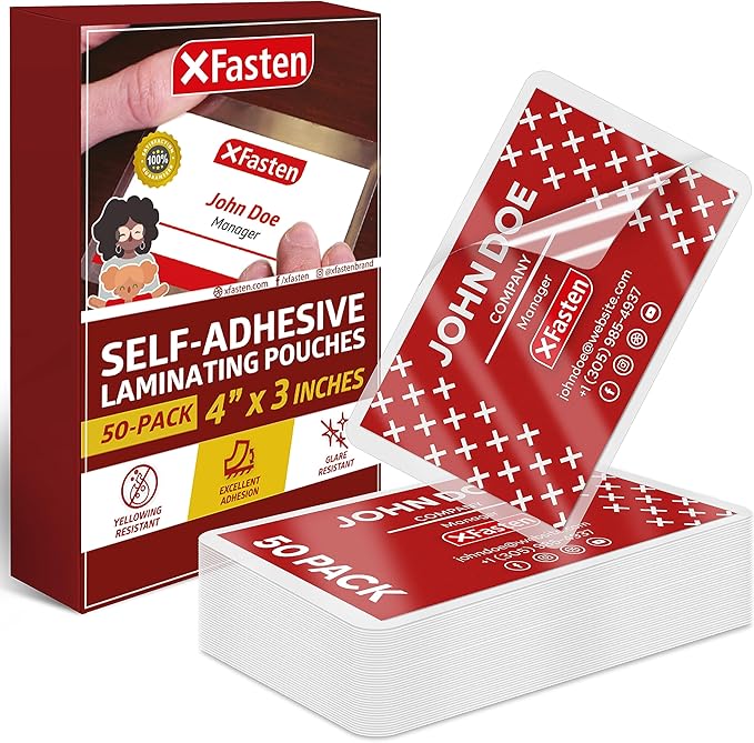 XFasten Self Sealing Laminating Pouches Business Card Size, 50-Pack, 10 Mil Non-Yellowing Business Card Laminating Pouches, Self-Adhesive Laminate Sheets, Durable, No Machine Needed, 4 in x 3 in