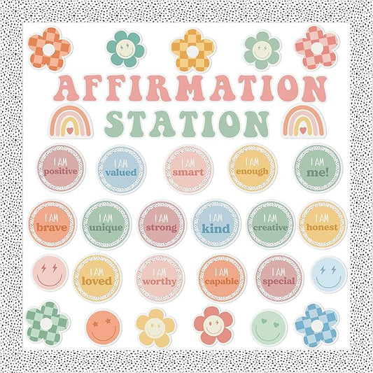 Classroom Bulletin Board Decoration - 120pcs Boho Affirmation Station Motivational Cutout Borders Decor Set, Back to School Chalkboard Library Wall Accents Ideas Kits for Welcome Party Supplies