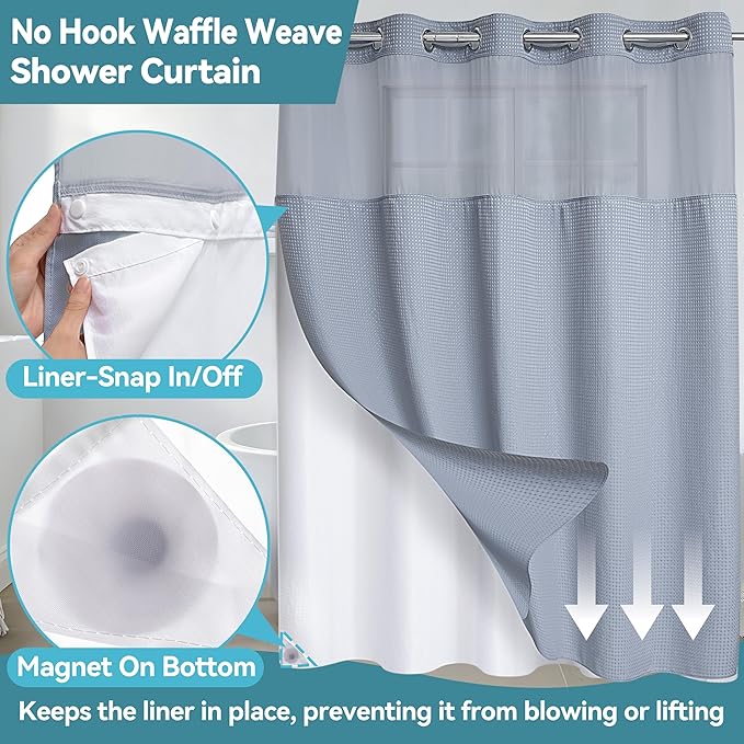 Conbo Mio Stall No Hook Waffle Weave Shower Curtain with Snap in Liner Set, Hotel Luxury Grey Shower Curtains for Bathroom with See Through Top Window, Waterproof, Washable 36W x 74H