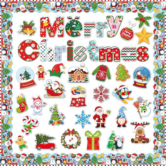 Merry Chritmas Bulletin Board Decoration Set - 83 Pcs Christmas Cutouts for Bulletin Board Decor with Border Xmas Holiday Wall Decals for Kids Teacher Classroom School Party Decoration Supplies