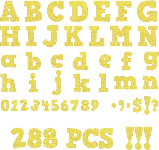 288 PCS Alphabet Combo Set, Gold Glitter Bulletin Board Letters 78pcs Uppercase Letters, 78pcs Lowercase Letters, 0-9 Numbers, Symbols & Punctuation, Chalkboard Classroom Letters for Home School Room
